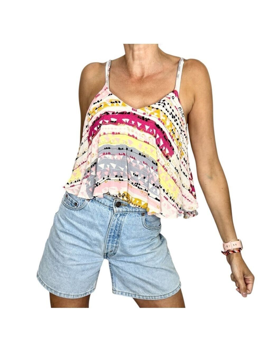 Angie blush pink grey yellow chiffon geometric print cropped tank top cami L